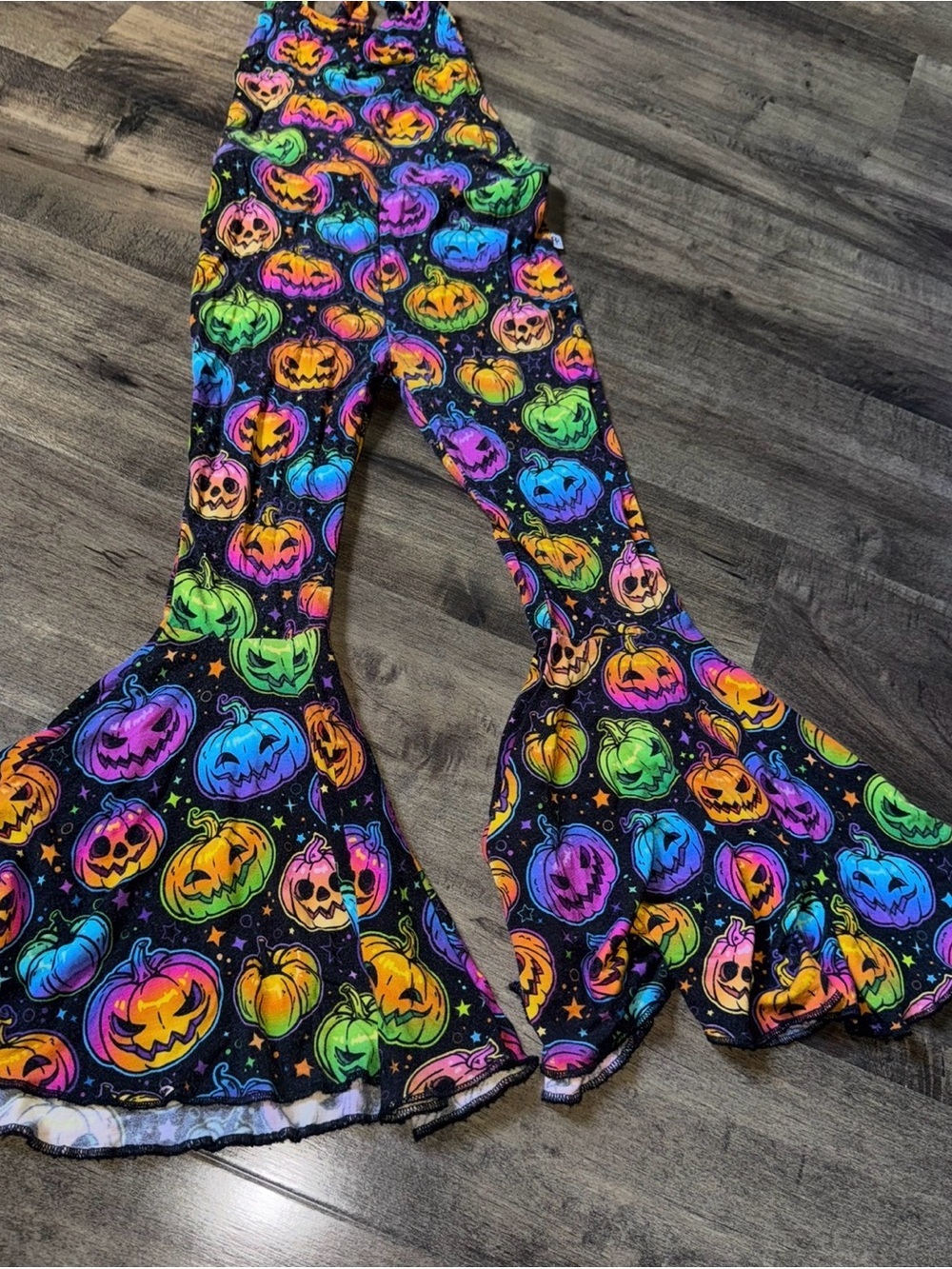 Bums & Roses Neon Rainbow Pumpkin Halter Flare Bamboo Romper 3T NWOT Halloween
